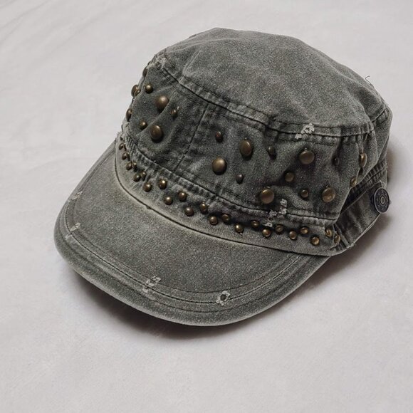 Distressed Studded Military Style Cap Women's One Size Green Hat - Picture 4 of 11